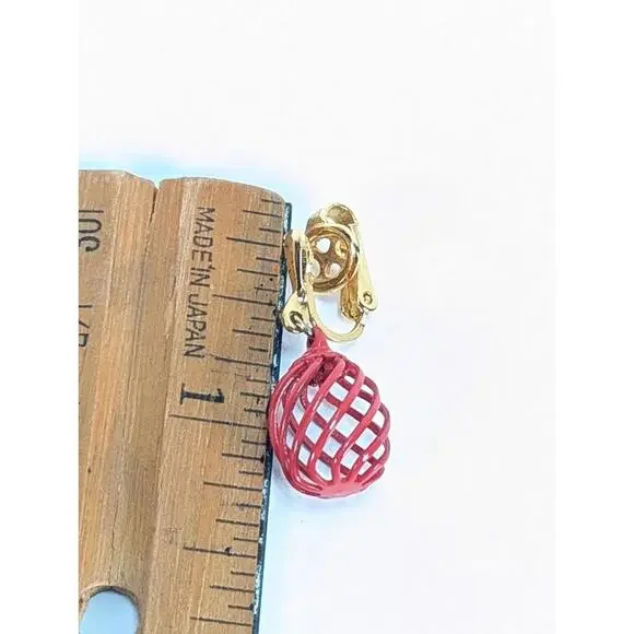 Vintage CROWN TRIFARI  Earrings Red enamel CAGE - dangle drop clip on Retro - Picture 6 of 6
